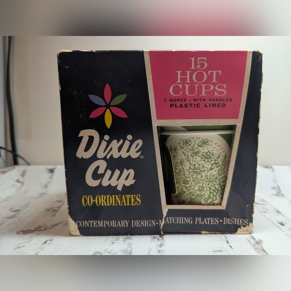 DIXIE CUP VINTAGE NOS HOT CUPS HANDLES CO-ORDINATES GREEN WHITE FLORAL PRINT